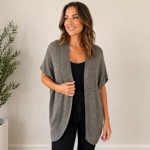 Eileen Fisher Open Knit Cardigan Medium Brown Metallic Linen Blend Draped Cocoon